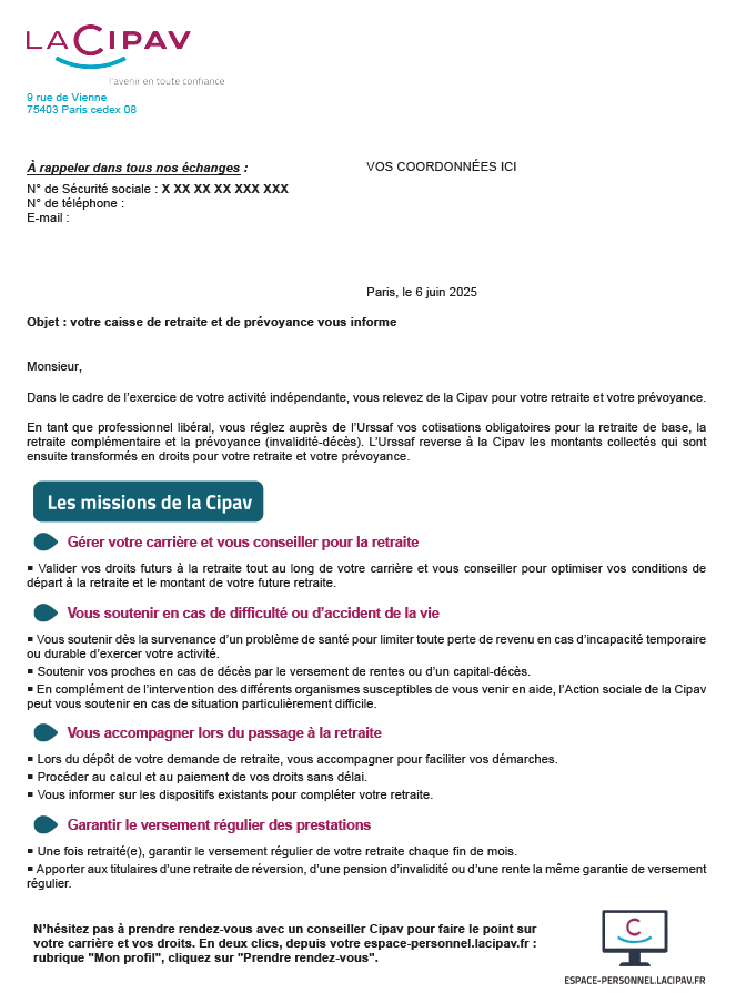 Exemple de courrier d'affiliation de la Cipav